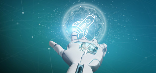 Poster - Cyborg hand holding a  start up rocket on a sphere 3d rendering