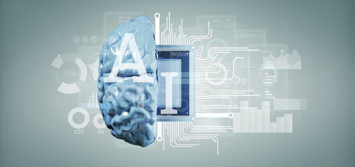 Poster - artificial intelligence icon with half brain and half circuit 3d rendering