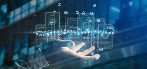 Poster - Businessman holding User interface screens with icon, stats and data 3d rendering