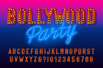 Poster - bollywood party alphabet font. retro letters and numbers with light bulb. vector typescript for your