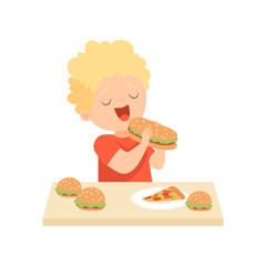 Wall Mural - Cute Happy Boy Eating Burger, Kid Enjoying Eating of Fast Food Vector Illustration