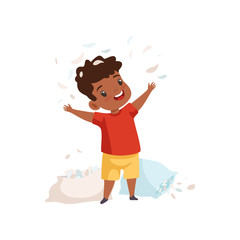 Poster - Little Boy Playing with Pillows, Feathers Flying Around Him, Cute Naughty Kid, Bad Child Behavior Vector Illustration