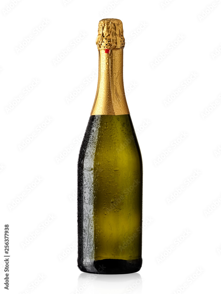 Full champagne bottle with drops - obrazy, fototapety, plakaty 