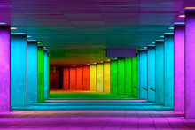 Colorful Mulitcolord Illuminated Gallery Tunnel Near Museum Park, Rotterdam, The Netherlands