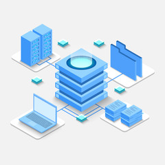 Poster - Computation of big data center, information processing, database. internet traffic routing, server room rack isometric vector technology