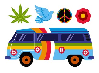 Hippie van or bus isolated vehicle and subculture symbols