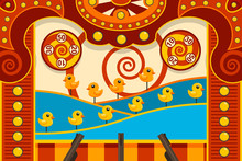Carnival Shooting Arcade Game With Duck And Gun. Vector Cartoon Illustration.
