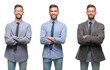 © Krakenimages.com - Collage of young business hispanic man over isolated background happy face smiling with crossed arms looking at the camera. Positive person.