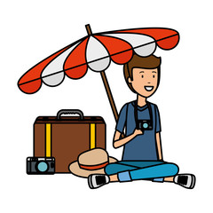 Canvas Print - tourist man with suitcase and umbrella