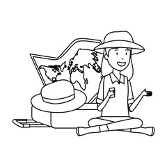 Sticker - tourist woman with paper map and suitcase and hat