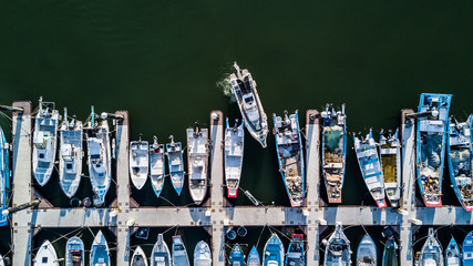Sticker - Yacht parking, A marina lot, Yacht and sailboat is moored at the quay, Aerial view by drone.