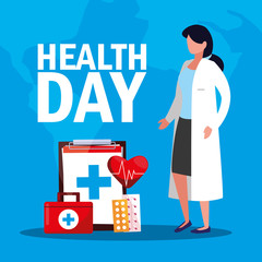 Wall Mural - world health day card with doctor woman and icons