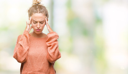 Poster - Beautiful young blonde woman over isolated background with hand on head for pain in head because stress. Suffering migraine.