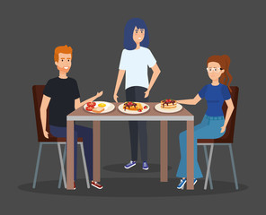 Poster - casual people eating pancakes with fried egg