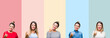 © Krakenimages.com - Collage of young beautiful woman over colorful vintage stripes isolated background doing happy thumbs up gesture with hand. Approving expression looking at the camera with showing success.