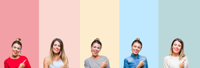 Wall Mural - Collage of young beautiful woman over colorful vintage stripes isolated background cheerful with a smile of face pointing with hand and finger up to the side with happy and natural expression on face