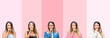 © Krakenimages.com - Collage of young beautiful woman over pink stripes isolated background asking to be quiet with finger on lips. Silence and secret concept.