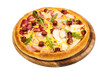 © PakoStudio - Classic fresh Italian Pizza with meat (Cheese, mozzarella,parmesan, salmon, bacon, pork, meat, sausage, salami and chicken)on wooden board isolated on white background