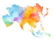 Multicolor Watercolor Asia Map on white Background, Side View.