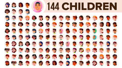 Wall Mural - Children Avatar Set Vector. Child Girl, Guy. Multi Racial. Face Emotions. Multinational User People Portrait. Male, Female. Ethnic. Icon. Asian, African, European, Arab. Flat Illustration