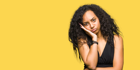 Poster - Young beautiful girl with curly hair wearing fashion skirt thinking looking tired and bored with depression problems with crossed arms.