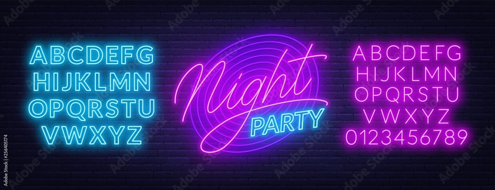 Neon lettering Night party on brick wall background. Glowing fonts. Template for invitation, card or poster. - obrazy, fototapety, plakaty 