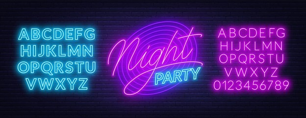 Wall Mural - Neon lettering Night party on brick wall background. Glowing fonts. Template for invitation, card or poster.