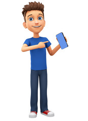 Wall Mural - Character cartoon guy points to the phone on a white background. 3d rendering. Illustration for advertising.