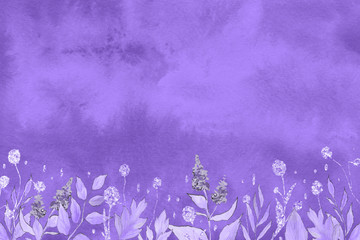 Wall Mural - Violet spring watercolor texture with flowers and leaves on the purple paper background. Nature and foliage.