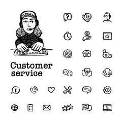 Customer service concept. Online chat. Round shape frame with Help and Support Related Vector hand drawn icons and female character on yellow background. Doodle ink style vector illustration