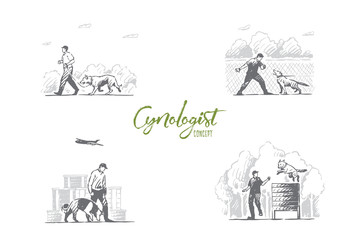  Cynologist - special people training dogs outdoors vector concept set