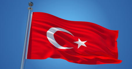 Wall Mural - Turkey flag in the wind against clear blue sky, 3d illustration