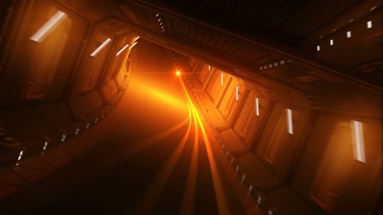 Wall Mural - orange glowing stroke flying in the abstract spaceship tunnel. beautiful looped 3d animation motion 