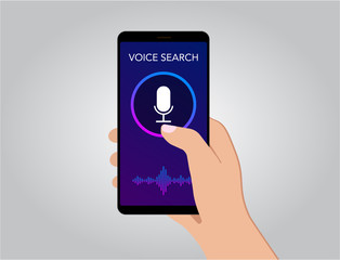 Poster - Voice search optimization on smart mobile phone screen flat vector illustration, banner for site with microphone icon. Search by Voice technology for marketing SEO isolated on the grey background