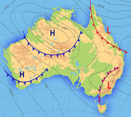 Wall Mural - weather forecast. meteorological weather map of the australia. realistic synoptic map australia with