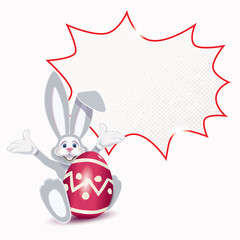 Wall Mural - Cute Easter Bunny with red ornamented egg and blank comic speech bubble isolated on a white background