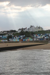 Beach huts at Walton on the Naze, Beach Huts, Essex, England,  beach huts are traditional seaside feature for people to change or base themselves. Walton-on-naze, Essex, UK