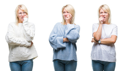 Canvas Print - Collage of beautiful blonde woman wearing winter sweater over isolated background looking stressed and nervous with hands on mouth biting nails. Anxiety problem.