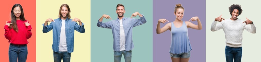 Composition of african american, hispanic and chinese group of people over vintage color background looking confident with smile on face, pointing oneself with fingers proud and happy.