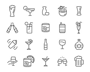 set of alcohol icons, such as wine, champagne, beer, whisky, cocktail, glass