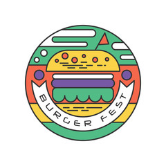 Sticker - Creative round-shaped logo for burger fest. Line art with colorful fill. Street and junk food concept. Abstract vector design for sticker, festival flyer, promo poster