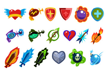 Poster - Colorful game interface elements. Heart with wings, bottles with potions, defense shields, magic arrows, bombs, and swords. Cartoon flat vector icons