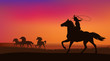 beautiful cowgirl chasing a herd of wild mustang horses at sunset - silhouette lanscape vector design