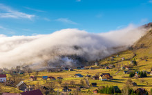 Rural Landscape With Fog In Sirnea, Fundata Village, Transylvania Landmark, Romania