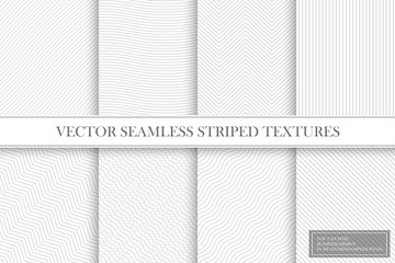 Collection of seamless striped textures - light gray design. Delicate fabric geometric patterns.