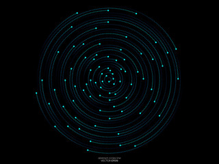 Poster - Abstract orbits circle ring movement dots line in blue green light isolated on black background. Vector graphic in concept AI technology, science, music