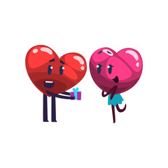 Poster - Red heart giving gift box to pink heart, funny couple in love characters. Happy Valentines Day concept cartoon vector Illustration