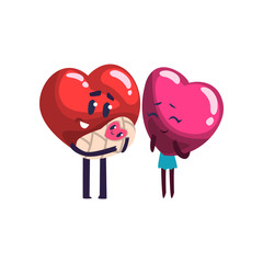 Wall Mural - Cute red and pink hearts characters standing with their baby, funny couple in love. Happy Valentines Day concept cartoon vector Illustration