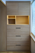 Wooden Cupboard With Drawers, Empty Shelves And LED Lights. Modern Furniture