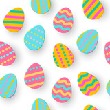 Fototapeta  - Seamless pattern of Easter Egg Paper cut. Cute layered Eggs Hunt greeting card isolated on white. Geometric holidays colorful backdrop. Festive frame, wrap, sale, article, add.